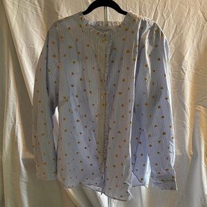 Talbots Blue and White Striped Shirt with Gold Hearts